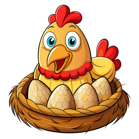 Illustration of a chicken and eggs in a basket on a white backgroundの素材