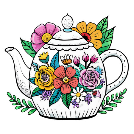 Hand drawn tea pot with flowers. Vector illustration in doodle style.の素材