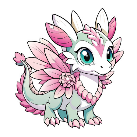 Cute cartoon dragon with pink flower. Vector illustration isolated on white background.の素材