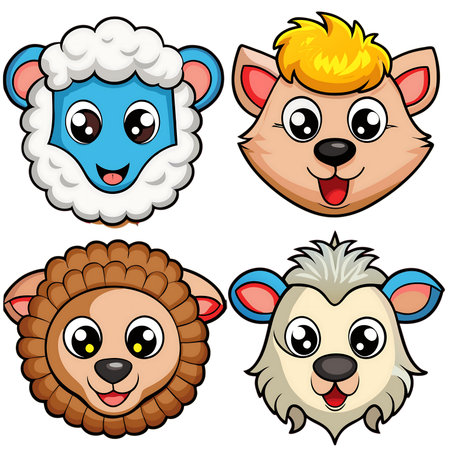 Cute animal faces. Cartoon vector illustration isolated on white background.の素材