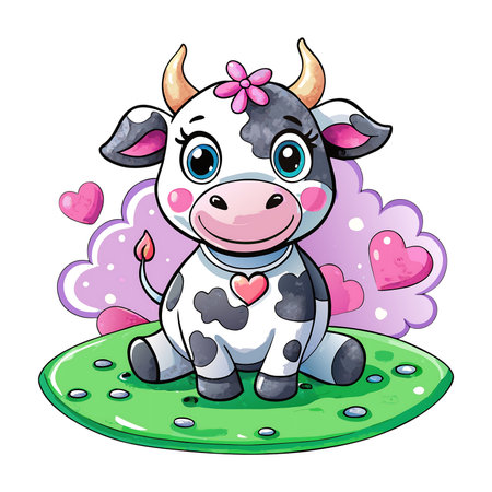 Cute cartoon cow sitting on the grass with hearts. Vector illustration.の素材