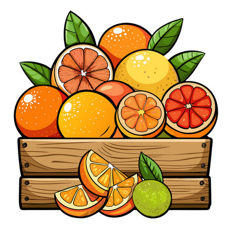 Citrus fruits in a wooden box. Vector illustration isolated on white background.の素材