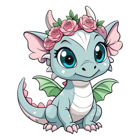 Cute cartoon dragon with flowers on his head. Vector illustration.の素材