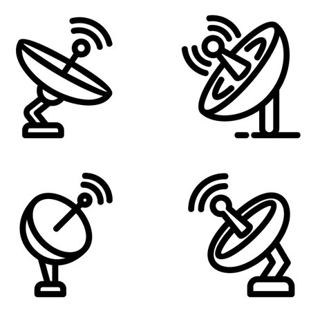 Modern satellite dish icons for global communication networks and wireless technology solutions, connecting the world, transmitting signals, and broadcasting informationのイラスト素材