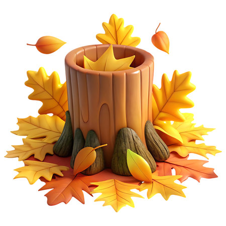 Vibrant autumn stump overflowing with golden leaves evokes cozy season feelings for festive seasonal projects and designsの素材