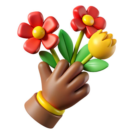 Joyful hand presents a vibrant bouquet of red and yellow flowers, symbolizing love and celebration in a warm gesture.の素材