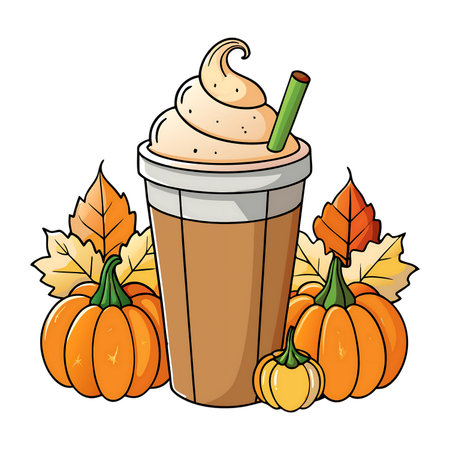 Warm up your autumn with a delicious pumpkin spice latte surrounded by festive fall leaves and pumpkins perfect for seasonal promotionsの素材