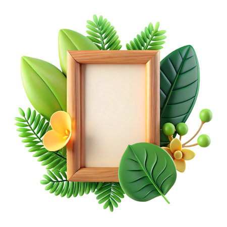 Charming wooden frame adorned with vibrant green leaves and delicate yellow flowers, perfect for nature inspired designs and invitations.の素材