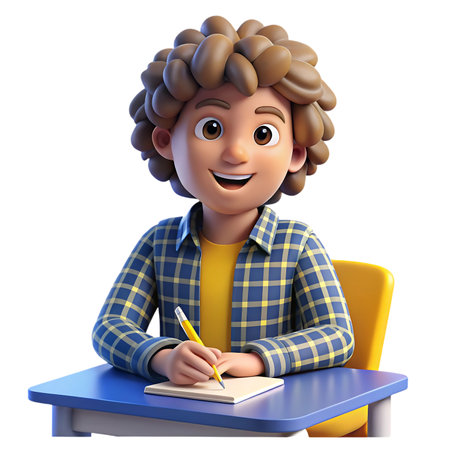 Enthusiastic young student diligently writing notes at desk, capturing the joy of learning and education with a bright, positive vibeの素材