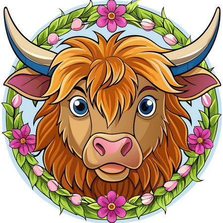 Whimsical Highland cow portrait with vibrant floral garland, perfect for charming invitations and joyful designsの素材