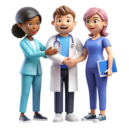 Diverse healthcare team celebrating collaboration and success with a friendly handshake and supportive gestures, conveying trust and teamworkの素材