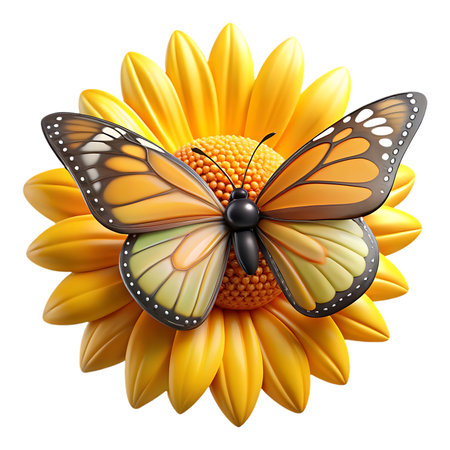 Vibrant monarch butterfly gracefully rests on a blooming yellow sunflower, symbolizing nature's beauty and transformation in perfect detail.の素材