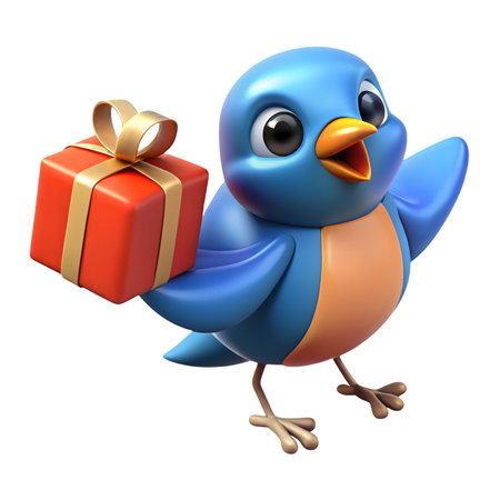 Joyful blue bird cheerfully offers a vibrant red gift box tied with a golden ribbon, perfect for festive promotions and celebratory designsの素材