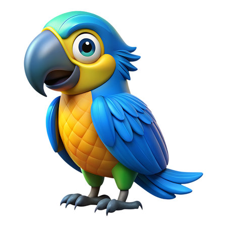 Vibrant cartoon blue and yellow macaw parrot with big eyes and open beak, perfect for children's content and playful designs.の素材