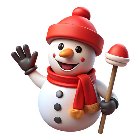 Joyful cartoon snowman waving hello wearing a festive red hat and scarf, perfect for holiday promotions and winter funの素材