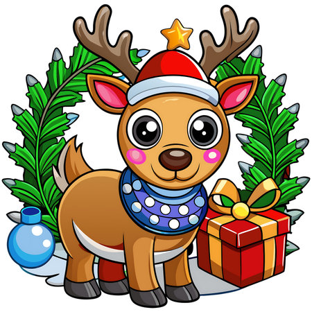 Adorable cartoon reindeer in Santa hat with festive garland and gift, perfect for joyful holiday designsの素材
