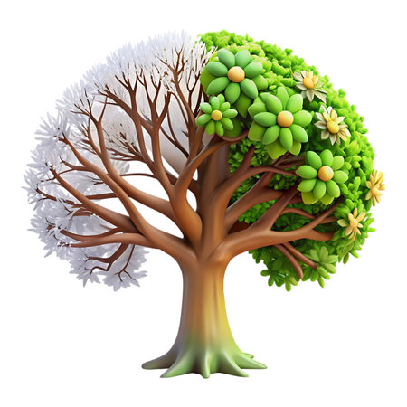 Vibrant tree showcases the cycle of seasons, from stark winter branches to lush spring foliage bursting with flowers, symbolizing growth and renewal.の素材