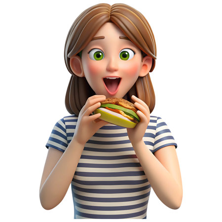 Excited young woman joyfully bites into a delicious, fresh burger, craving a satisfying meal experience.の素材