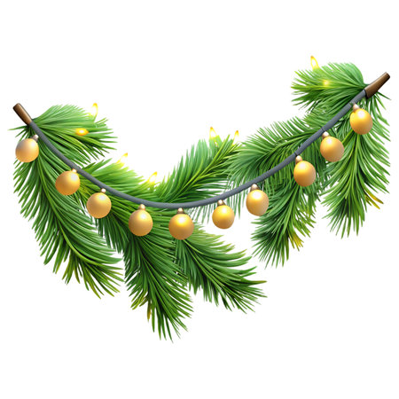 Festive fir branches adorned with golden baubles and warm glowing string lights create a magical holiday decorationの素材