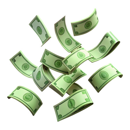 Dynamic cascade of US dollar bills flying through the air creating a sense of wealth and financial successの素材