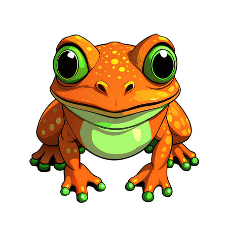 Adorable cartoon frog with vibrant colors and big eyes, perfect for children's books, games, or educational materials that need a touch of playful charmの素材