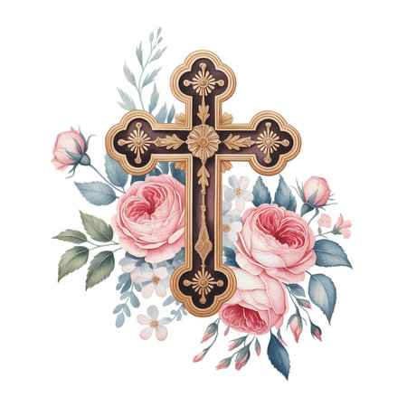 Elegant ornate cross adorned with delicate pink roses and soft blue foliage evokes faith and timeless beauty for sacred occasionsの素材