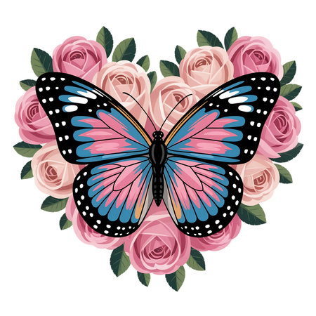 Stunning monarch butterfly with delicate pink roses forms a beautiful heart shape, symbolizing love, transformation, and natural beauty.の素材