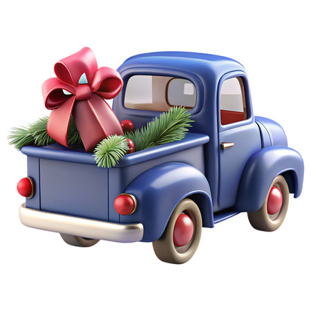 Charming blue vintage truck delivers festive holiday cheer with a large red bow adorned gift and evergreen boughsの素材