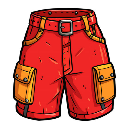 Bold red cargo shorts with bright orange pockets and silver buckle, perfect for adventure, summer wear, or urban style.の素材