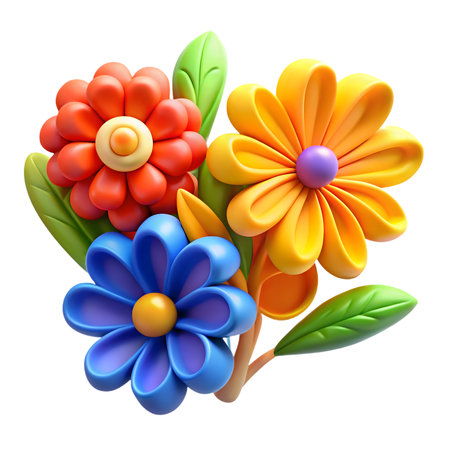 Vibrant 3D flowers in cheerful red, yellow, and blue bloom with fresh green leaves, perfect for joyful design projects.の素材