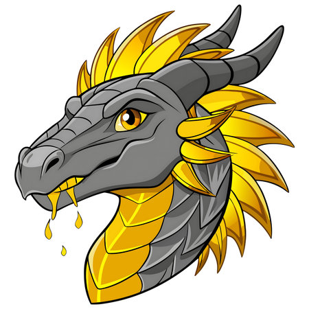 Majestic dragon head with fierce golden mane and glowing eyes, a powerful symbol of fantasy and strength for your creative projects.の素材