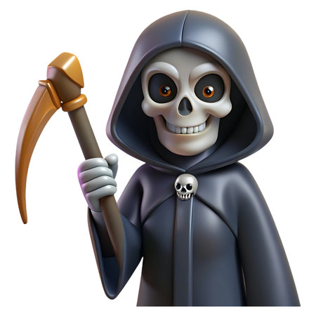 Whimsical skeletal grim reaper character with friendly smile holding a golden scythe, perfect for playful Halloween or spooky themes.の素材