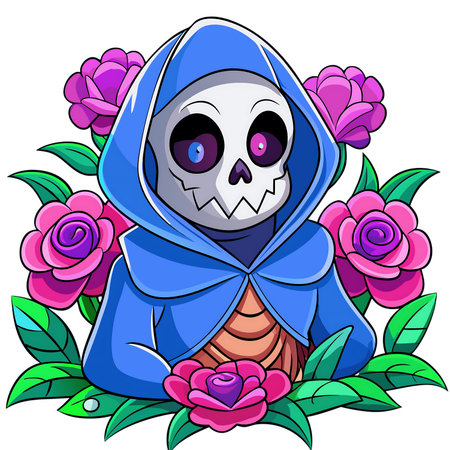 Whimsical skeleton character with vibrant roses and leaves, perfect for unique designsの素材