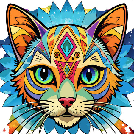 Vibrant abstract cat face with intricate geometric patterns and striking colorful eyes, captivating digital art for modern designの素材