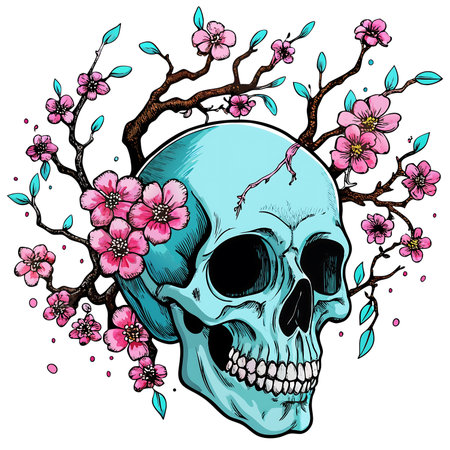 Ethereal blue skull adorned with vibrant pink cherry blossoms creating a striking contrast of life and mortalityの素材