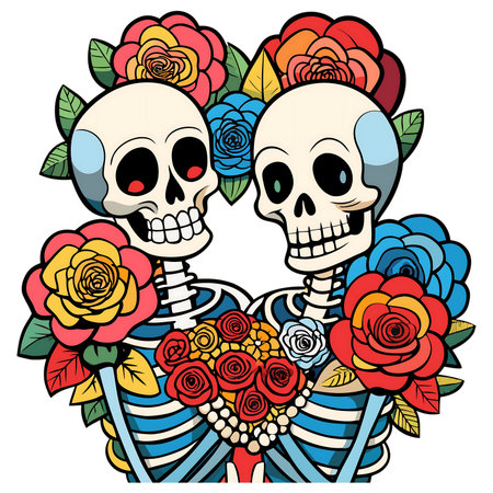 Embrace eternal love with these vibrant skeletons adorned with colorful roses, perfect for Day of the Dead celebrations and unique artistic projects.の素材