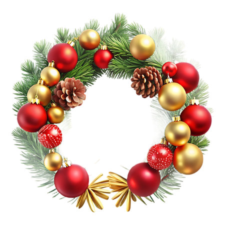 Festive Christmas wreath with red and gold ornaments, pinecones, and evergreen branches creating holiday cheer and warmth.の素材