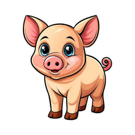Adorable cartoon piglet with big blue eyes and a curly tail, perfect for children's books, farm themes, and whimsical designsの素材