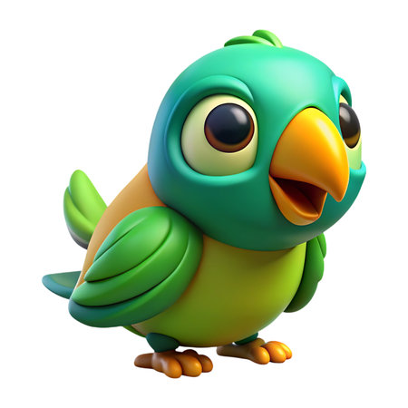 Adorable cartoon parrot character with vibrant green and orange feathers, perfect for children's projects and playful branding.の素材