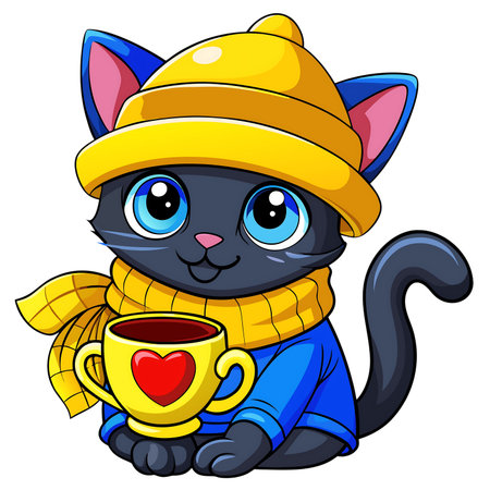 Adorable cartoon black kitten wearing a yellow hat and scarf holds a warm cup of cocoa with a heart, perfect for cozy winter designs and heart-warming projects.の素材