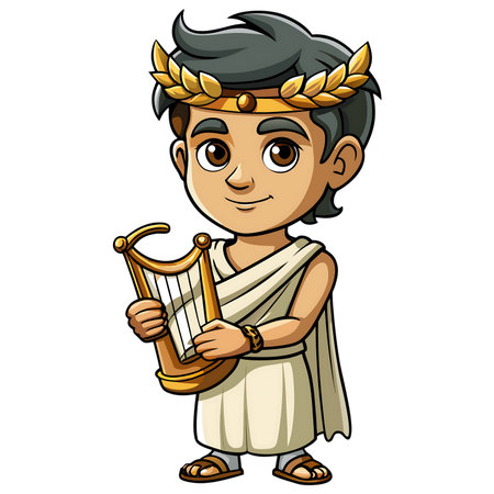 Charming ancient Greek boy with laurel wreath and lyre embodies art and culture, perfect for educational or historical projectsの素材