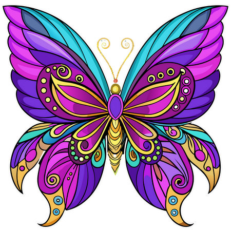 Vibrant, ornate butterfly with intricate patterns and jewel-toned wings, perfect for fantasy and nature projectsの素材