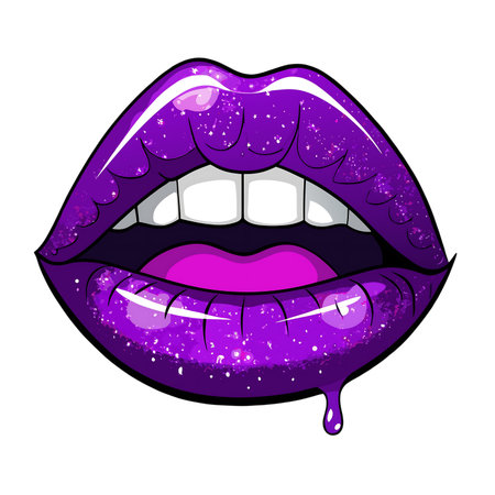 Sensual sparkling purple lips with a drop of gloss, perfect for beauty, fashion, and makeup promotions, exuding allure and glamour.の素材