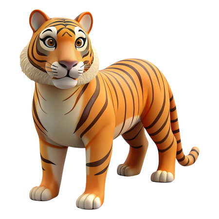 Charming cartoon tiger with expressive eyes and iconic stripes, perfect for playful designs and engaging content.の素材