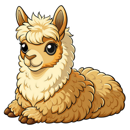 Adorable fluffy llama with big innocent eyes sits peacefully, perfect for children's books and charming designsの素材