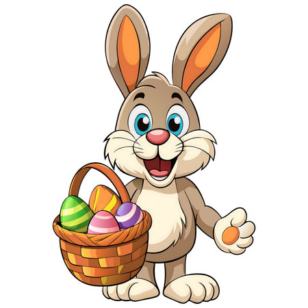 Adorable bunny with Easter basket brimming with colorful eggs delivers springtime joy and festive cheer, perfect for holiday celebrations and joyful designsの素材
