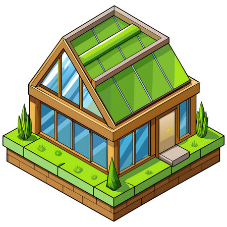 Charming isometric greenhouse with wooden frame and vibrant green roof, perfect for sustainable living and gardening concepts.の素材