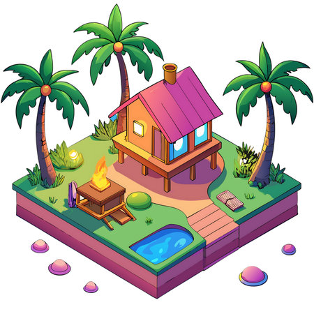Charming tropical island retreat offers a cozy stilt house, refreshing pool, and vibrant bonfire for ultimate relaxation and escapism.の素材