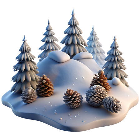 Charming winter forest scene with snow-dusted pine trees and pinecones, perfect for festive holiday designs and natural themesの素材