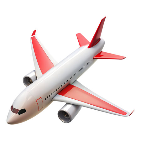 Sleek modern passenger jet with vibrant red accents soaring through the sky on a global adventureの素材